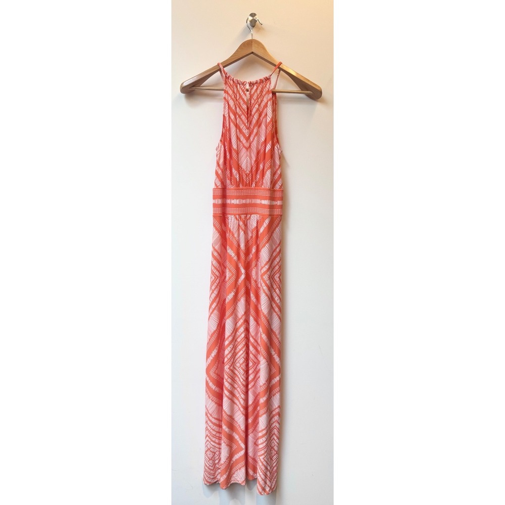 LONDON TIMES Orange Geoemetric Mediterranean Design Halter Top Maxi Dress Size 6